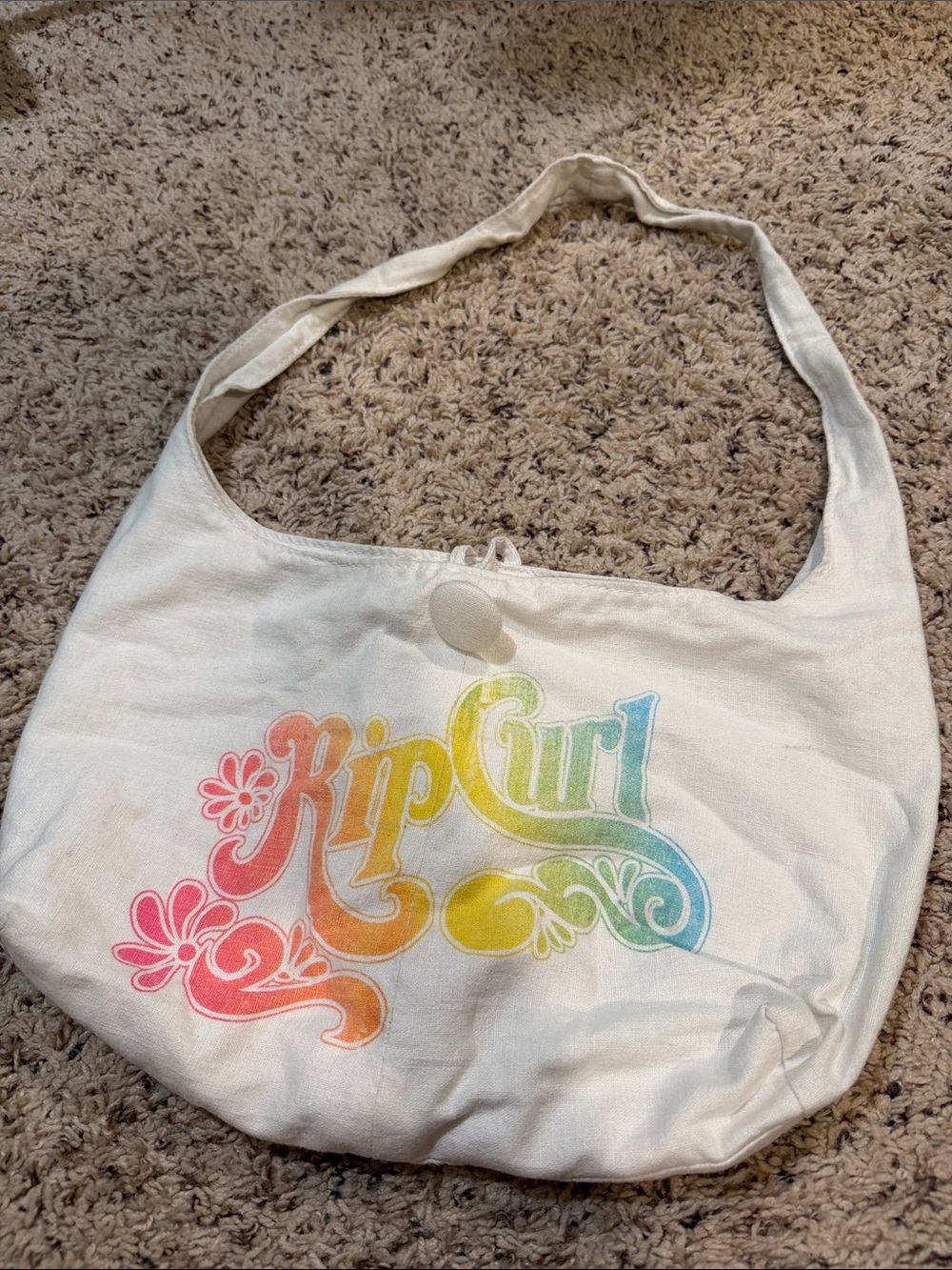 Rip Curl White Canvas Shoulder Bag with Rainbow Script